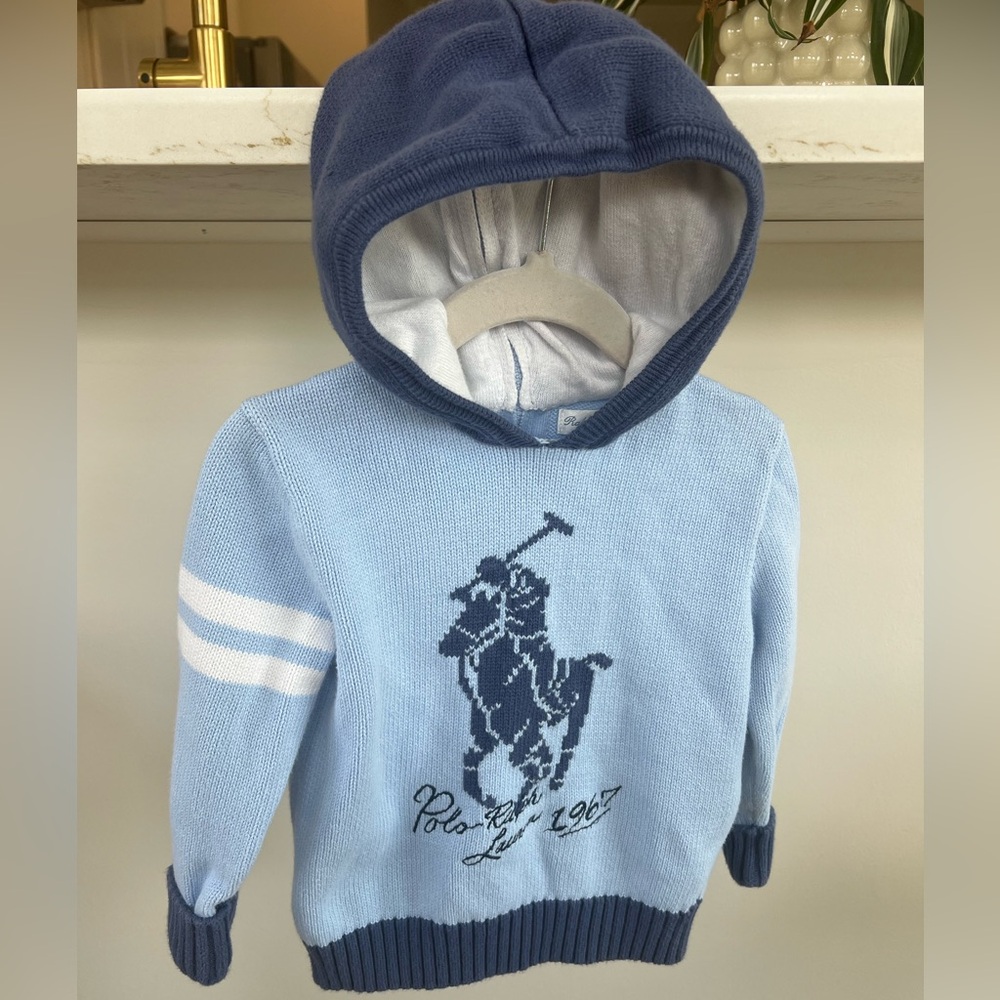 Ralph Lauren Light Blue Knit Hoodie with Navy Polo Logo - Toddler Boy 24 Months - Picture 4 of 8